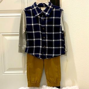 Tahari Toddler Boys 2 Pc Navy & Brown Flannel Shirt & Pants Outfit - 2T